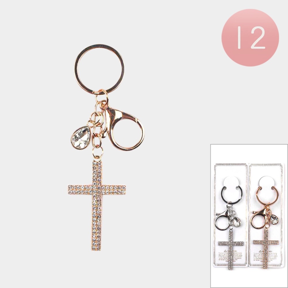 12PCS - Rhinestone Paved Cross Keychains